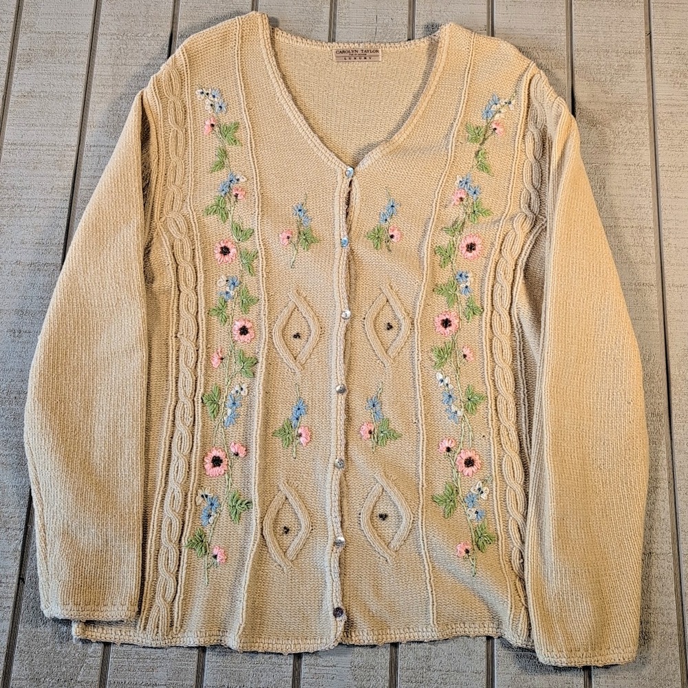 Carolyn Taylor Cardigan Sweater XL Beige Floral Long Cottage Cozy Egypt Jacket - Picture 3 of 8